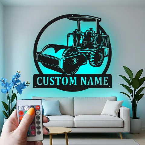 Personalisierte Metallschild Straßenwalze | LED Wandkunst für Baufahrzeuge | Dekoration für schwere Maschinen | Geschenk für Bauarbeiter alternative Ansicht