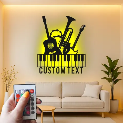 Vue alternative de Panneau de Studio Musical Personnalisé | Décoration Murale en Métal LED pour Musiciens | Décor Silhouette d'Instrument Personnalisé | Cadeau Guitare, Piano, Trompette