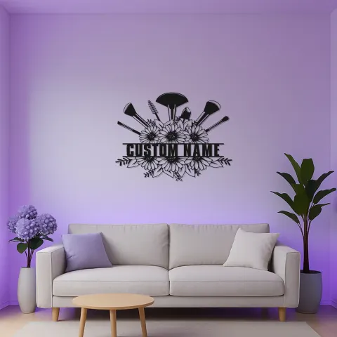Vista alternativa di Insegna personalizzata per make-up artist | Decorazione murale in metallo floreale con LED | Arredo personalizzato per salone di bellezza | Logo vanity