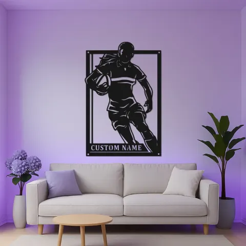 Vue alternative de Panneau personnalisé de joueuse de rugby | Panneau en métal LED personnalisé pour athlète | Décor de chambre de fille de rugby