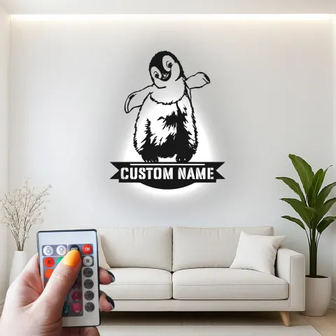 Custom Penguin Led Light Metal Wall Art Personalized Gift for Kids Nursery Animal Decor alternate view