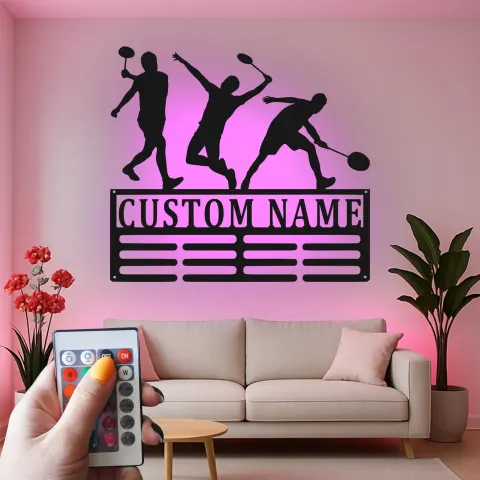 Custom Badminton Player Led Light Metal Wall Art Personalized Gift for Sports Enthusiasts Game Room Decor alternate view