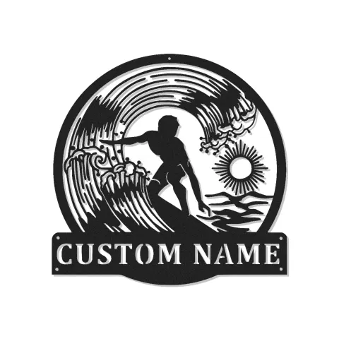 Arte mural de metal LED personalizado de surfista | Cartel de nombre personalizado para decoración de casa de playa | Regalo de surfista costero