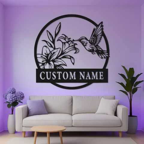 Vue alternative de Décoration murale en métal Colibri et Lys | Enseigne LED avec prénom personnalisé | Décor floral de jardin personnalisé | Cadeau pour maman