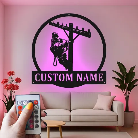 Custom Lineman Metal Sign with LED | Personalized Electrician Gift | Utility Worker Wall Art for Man Cave or Office | Rustic Steel Decor alternate view