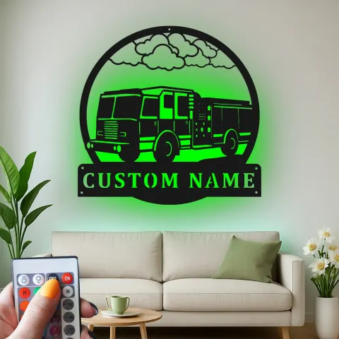 Personalisiertes Feuerwehrfahrzeug LED-Schild | Individuelles Geschenk für Feuerwehrleute | Metall-Wandkunst für Feuerwehr-Dekor alternative Ansicht