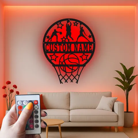 Vista alternativa di Insegna in metallo LED personalizzata per canestro da basket - Regalo sportivo per appassionati di basket e decorazione per sala giochi