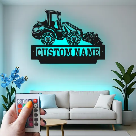 Vue alternative de Panneau en métal personnalisé de Tracteur | Décoration murale LED de chargeur frontal personnalisée | Cadeau pour ouvrier du bâtiment pour le garage | Décor de matériel lourd