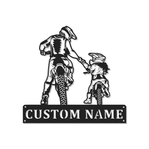 Custom Motocross Father and Child Led Light Metal Wall Art Personalized Gift for Dad Garage or Man Cave Decor