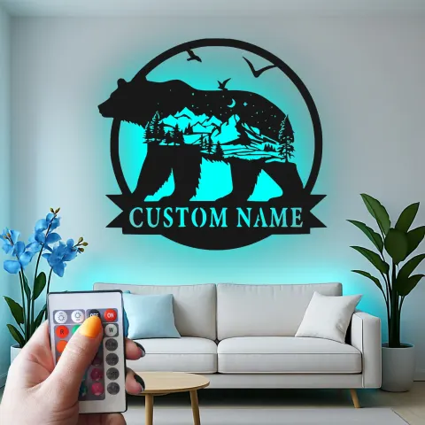 Vista alternativa di Insegna in metallo LED personalizzata Bear Silhouette regalo per amanti della natura decorazione per cabine
