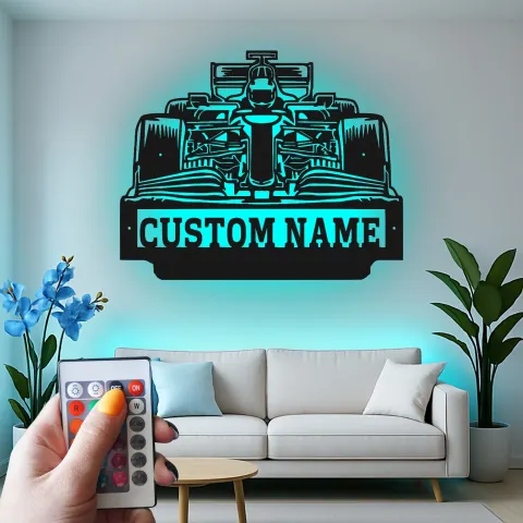 Vista alternativa de Arte mural de metal personalizado de coche F1 con luz LED | Regalo personalizado para fan de motorsport | Decoración de garaje y man cave