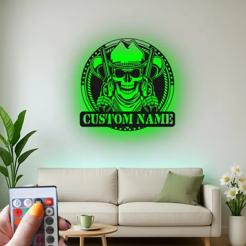 Vue alternative de Décoration murale en métal personnalisée Crâne de Cowboy avec rétroéclairage LED - Cadeau personnalisé pour les passionnés de western - Décor de man cave