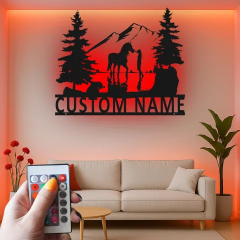 Vue alternative de Panneau en métal personnalisé avec cheval | Panneau LED équestre personnalisé | Décor de ferme rustique | Cadeau pour amoureux des chevaux