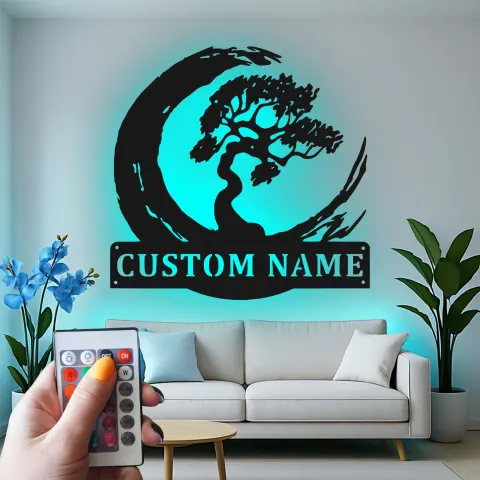 Vue alternative de Décoration murale en métal personnalisée Arbre Bonsai avec rétroéclairage LED Cadeau Zen pour la maison Décor de salon tranquille 1