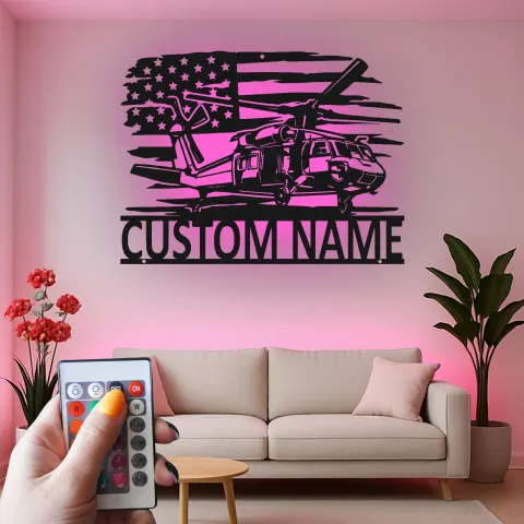 LED-Schild Black Hawk Helicopter | Personalisiertes Metallschild | Militärische Dekoration für Piloten | Patriotisches Geschenk für die Luftfahrt alternative Ansicht
