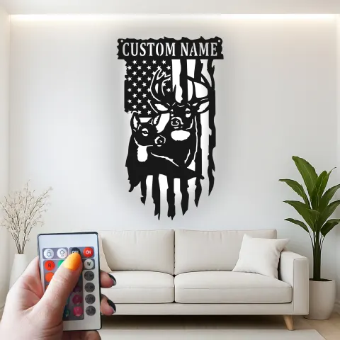 Custom Deer and American Flag Led Light Metal Wall Art Personalized Gift for Hunters Rustic Cabin Decor 1 alternate view