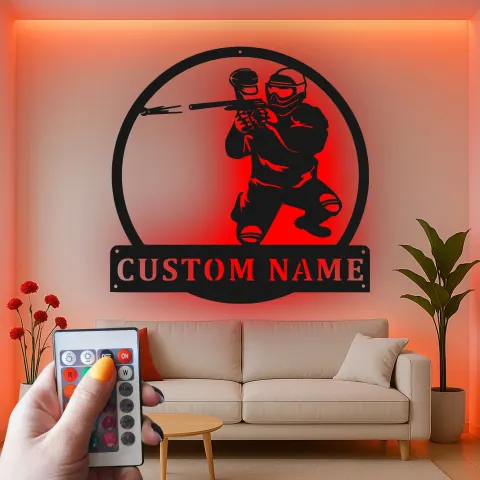 Vista alternativa di Insegna LED personalizzata per giocatore di paintball | Arte murale in metallo personalizzata | Decorazione per sala giochi e man cave | Luce d'azione retroilluminata