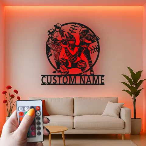 Vue alternative de Panneau personnalisé de nom de softball | Art mural en métal LED | Cadeau personnalisé pour joueur | Décoration de salle de sport