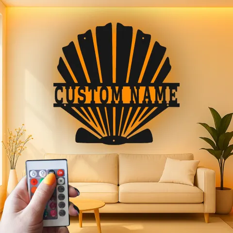 Vue alternative de Décoration murale en métal en forme de coquillage | Panneau LED personnalisé pour décor côtier | Cadeau nautique inspiré de l'Art Déco pour maison de plage ou entreprise
