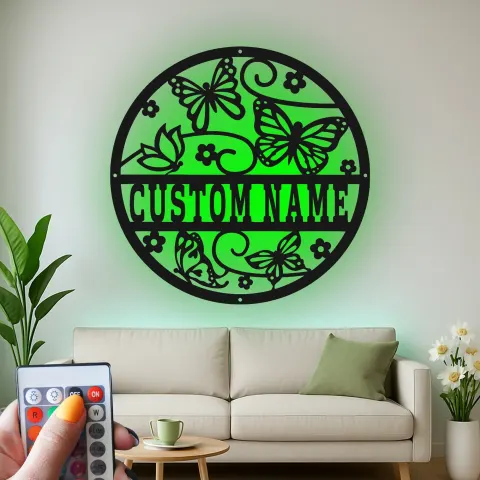 Vista alternativa di Insegna in metallo personalizzata con luce LED a forma di giardino di farfalle, regalo personalizzato per amanti della natura, decorazione per camera da letto o giardino
