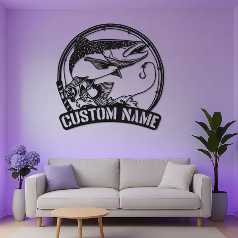 Vista alternativa de Cartel de Pesca Personalizado con LED | Arte Mural de Metal | Decoración para Casa de Campo y Cueva de Hombre | Regalo para Pescador