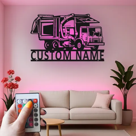 Vista alternativa di Insegna LED personalizzata con camion della spazzatura | Arte murale in metallo su misura | Regalo per autista della gestione rifiuti | Arredo industriale per man cave