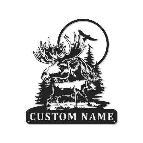 Panneau en métal personnalisé avec élan et aigle | Art mural rétroéclairé pour décoration de cabane rustique | Cadeau personnalisé pour amoureux de la nature