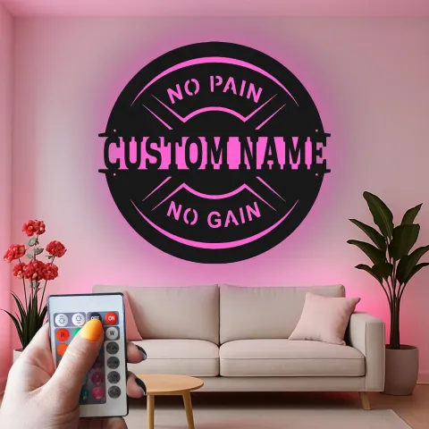 Vista alternativa de Letrero de gimnasio personalizado con LED | Arte metálico con nombre a medida para sala de entrenamiento | Decoración fitness motivacional para aficionados al gimnasio en casa