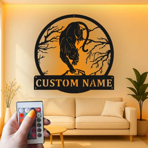 Fierce Panther LED Metal Art | Custom Name Sign for Man Cave | Wildlife Wall Decor, Hunter Gift alternate view