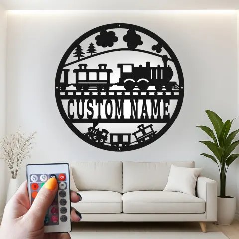 Vista alternativa di Insegna in metallo personalizzata con treno retroilluminato regalo per bambini decorazione per la nursery