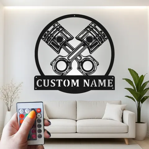 Vue alternative de Panneau LED en métal de pistons croisés personnalisés | Décor de garage personnalisé | Idée cadeau pour mécanicien | Art mural automobile éclairé