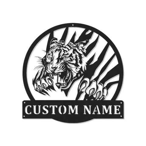 Cartel de metal Tigre Rugiente | Decoración mural LED de vida salvaje personalizada | Decoración de nombre personalizada para oficina, man cave o garaje