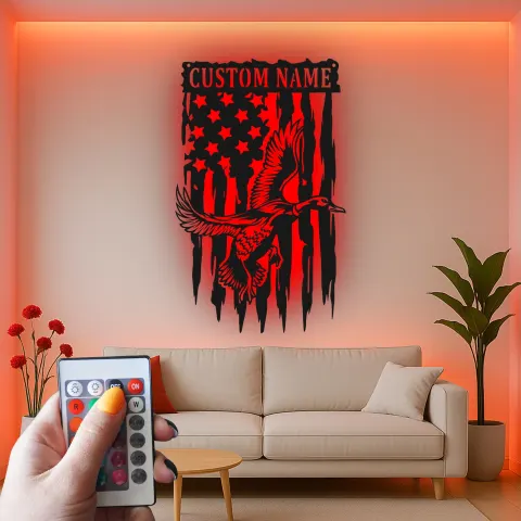 Vista alternativa di Insegna in metallo LED personalizzata a forma di anatra e bandiera americana regalo per cacciatori decorazione rustica per cabin