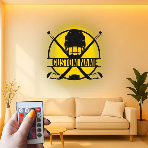 Individuelles Hockey-Metallschild | Personalisierte LED-Namensbeleuchtung für Kinderzimmer | Hockey-Spieler-Geschenk | Wandkunst für Männerhöhlen alternative Ansicht
