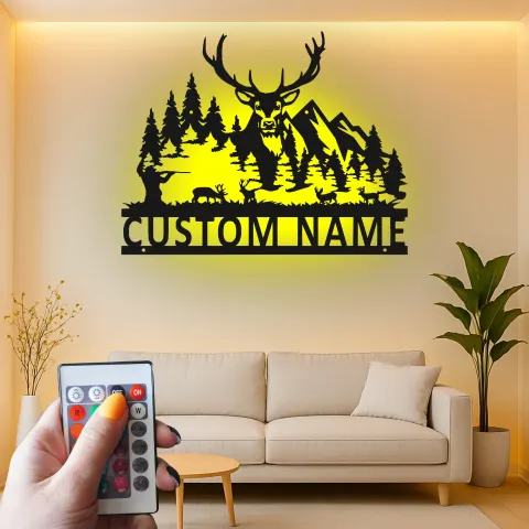 Vue alternative de Décoration murale en métal personnalisée avec chasseur de cerf, rétroéclairage LED, cadeau pour chasseurs, décoration de chalet rustique 1