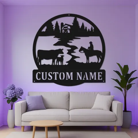 Personalisierte Cowboy Ranch LED Metallschild | Individuelle Familienname Wandkunst | Rustikale Landhausdekoration | Laser-cut Stahl Western Geschenk alternative Ansicht