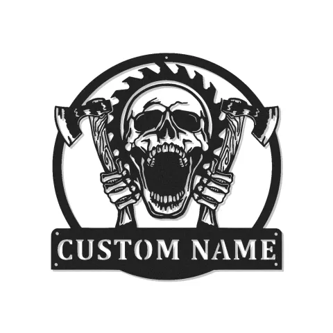 Panneau LED Crâne Gothique & Haches | Décoration Murale en Métal Personnalisée pour Man Cave | Cadeau Décor d'Horreur Personnalisé pour Lui