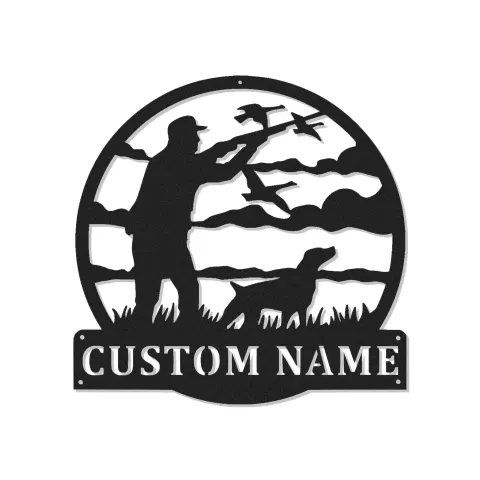 Cartel de metal personalizado con luz LED de cazador y perro, regalo personalizado para amantes de actividades al aire libre, decoración de man cave o cabaña
