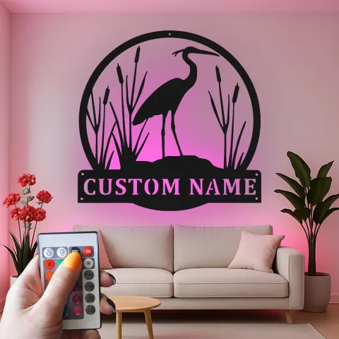 Vue alternative de Plaque métal héron personnalisée avec LED | Décoration murale animalière personnalisée | Décor extérieur pour maison de lac | Cadeau amoureux des oiseaux
