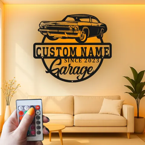 Vista alternativa de Cartel LED de coche clásico personalizado | Arte mural de metal para garaje personalizado | Regalo de decoración vintage de automóviles