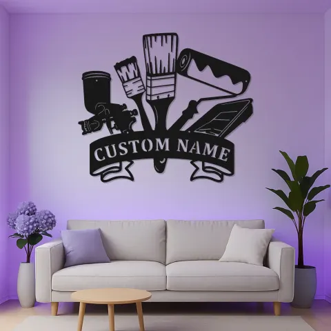 Vue alternative de Panneau personnalisé d'outils de peintre | Art mural en métal LED pour magasin de peinture | Décoration personnalisée pour cadeau de peintre