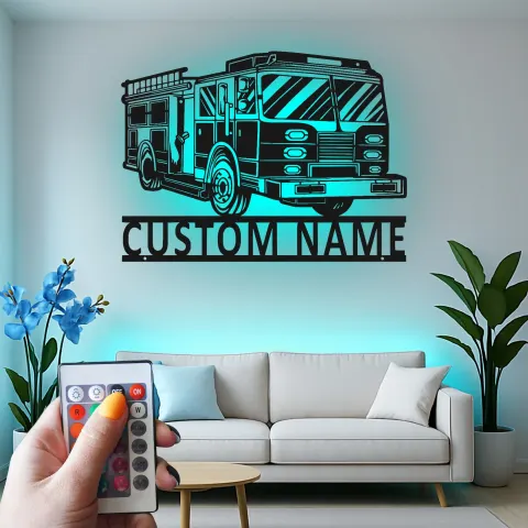 Vue alternative de Plaque métallique personnalisée camion de pompiers | Décoration murale LED personnalisée pour pompiers | Déco caserne et man cave