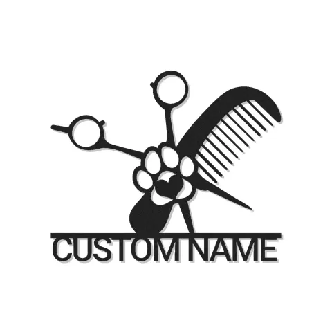 Personalisierte Tierfriseur-Schild | Individuelles Metall-LED-Wandkunst | Dekor für den Friseursalon mit Namen | Scheren- und Kamm-Logo