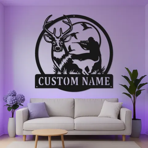 Custom Deer Hunting LED Metal Sign | Personalized Hunter & Dog Wall Art | Rustic Cabin Decor | Unique Gift for Outdoorsman alternate view