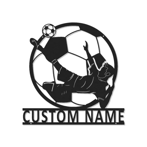 Cartel de metal de jugador de fútbol personalizado | Arte mural LED de nombre personalizado para habitación de niño | Silueta de patada de bicicleta | Regalo para atleta