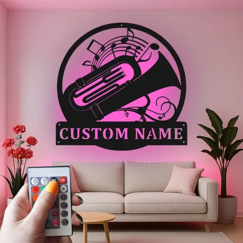 Vista alternativa de Cartel de metal LED con tuba personalizado, regalo para músicos amantes de la música, decoración para sala de música