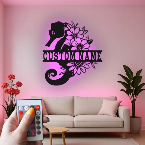 Vista alternativa di Insegna con Nome Personalizzata Cavalluccio Marino | Arte Floreale in Metallo con LED | Decorazione Oceano per Casa al Mare | Regalo Nautico Personalizzato