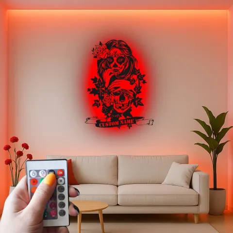 Sugar Skull LED Metal Sign | Personalized Gothic Wall Art | Custom Name Decor for Tattoo Studio & Salon alternate view