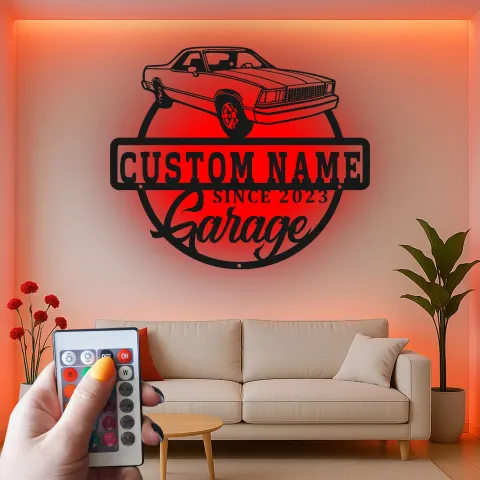 Vista alternativa di Insegna LED personalizzata per garage | Insegna in metallo su misura con auto classica | Arredo vintage per officina auto | Regalo per man cave