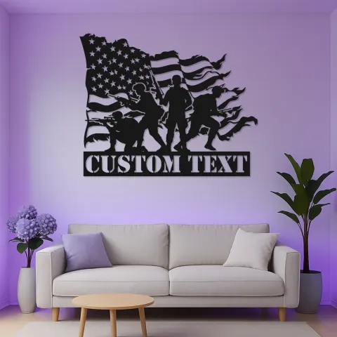 Vista alternativa de Cartel de metal de soldado personalizado | Decoración mural LED con bandera americana | Regalo patriótico para veteranos | Decoración para sala de juegos del ejército